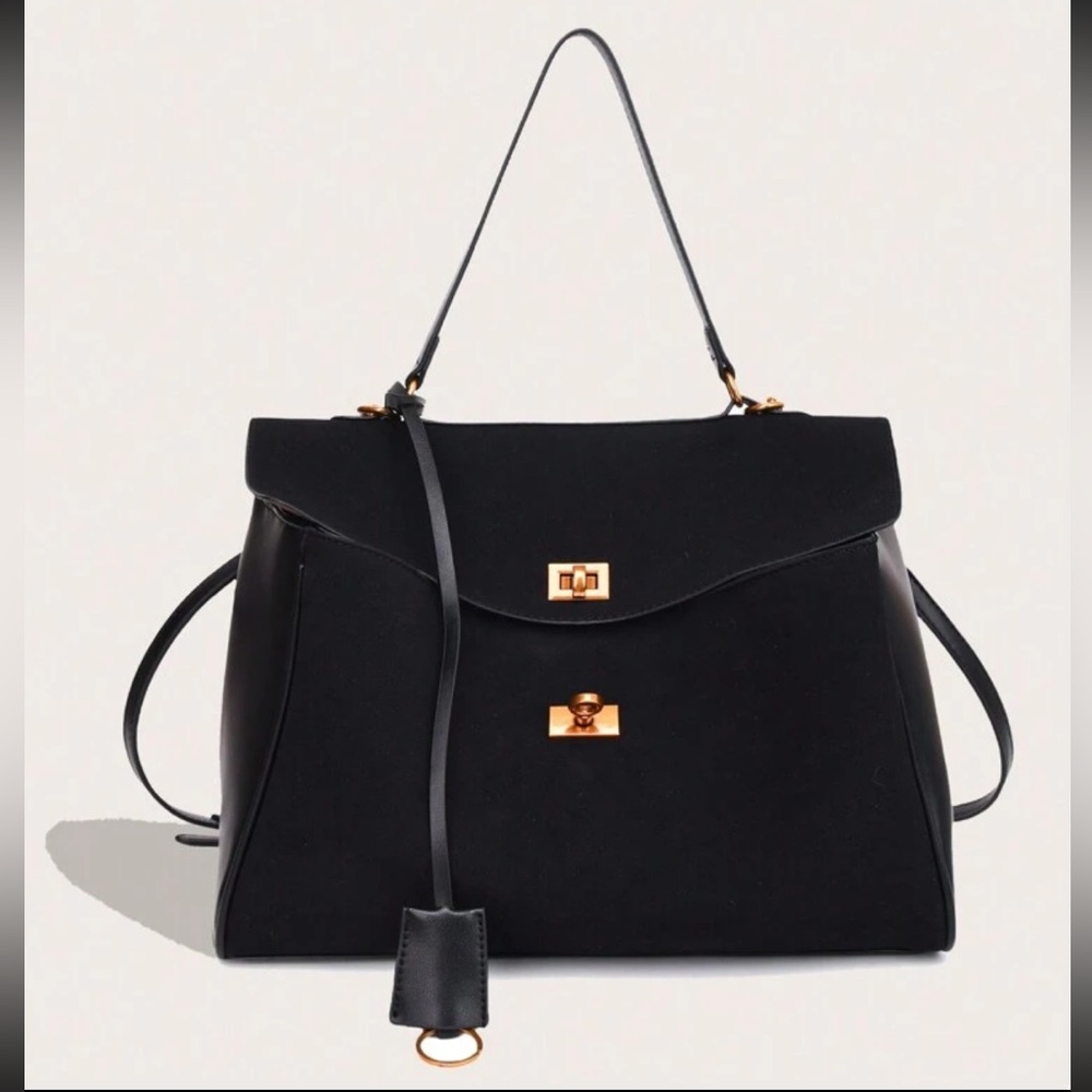 Black faux suede & faux leather contrast tote shoulder bag / handbag purse - Picture 2 of 9